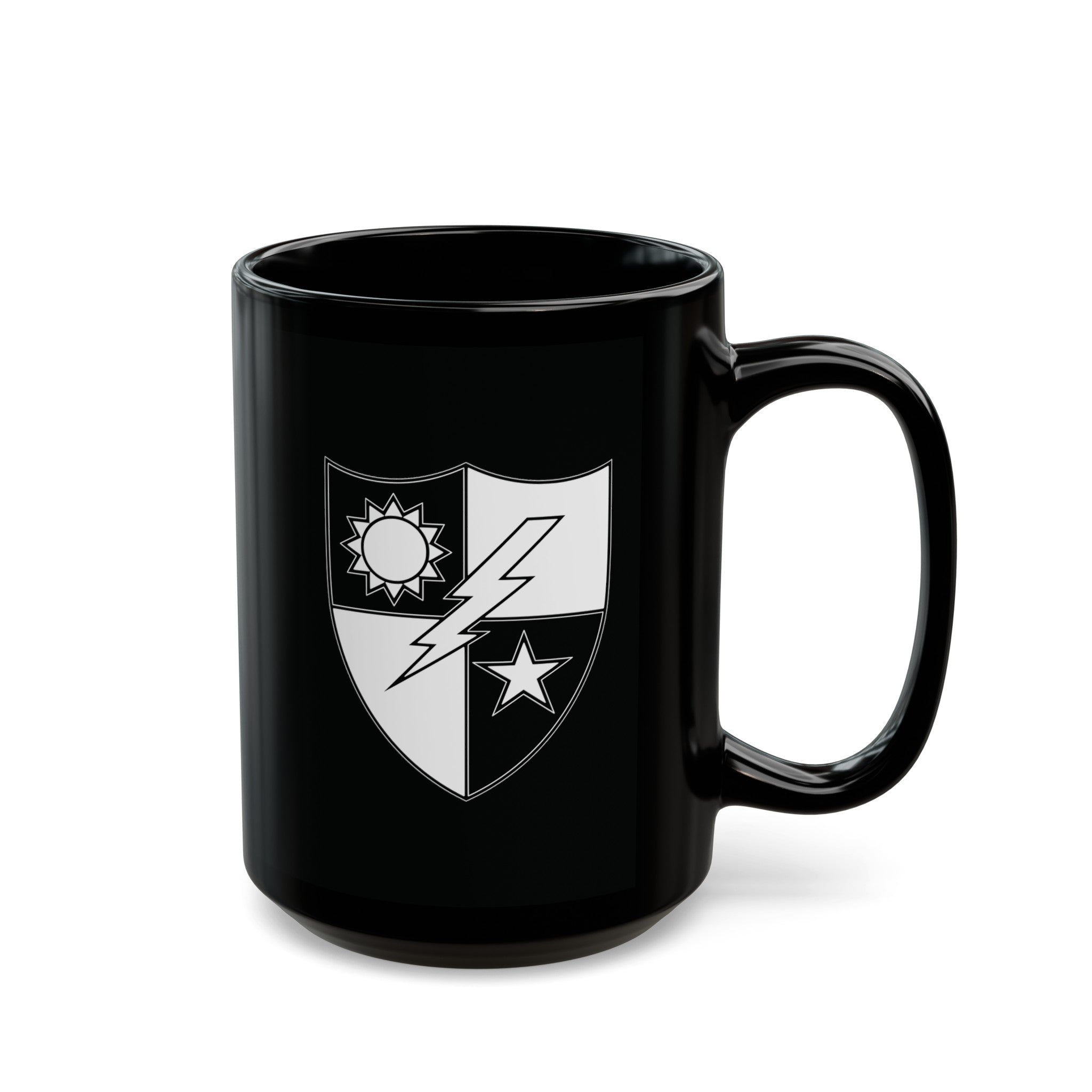 75th ranger regiment crest on a black coffee mug.