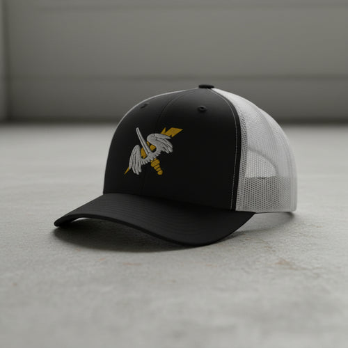 158th aviation regiment insignia on a snapback trucker hat.