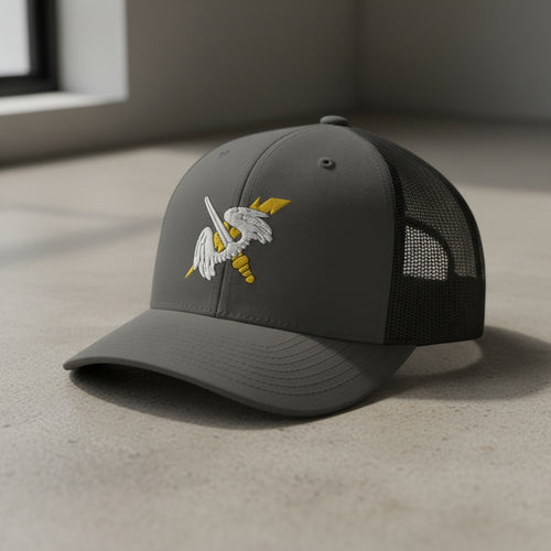 158th aviation regiment insignia on a snapback trucker hat.