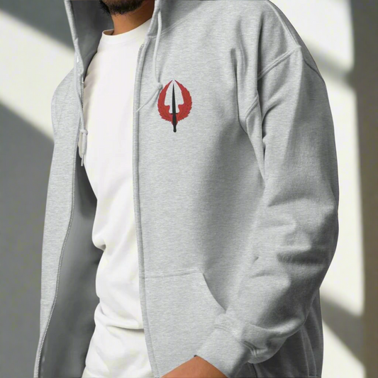 Embroidered 160th SOAR USASOAC insignia on a full zip hoodie