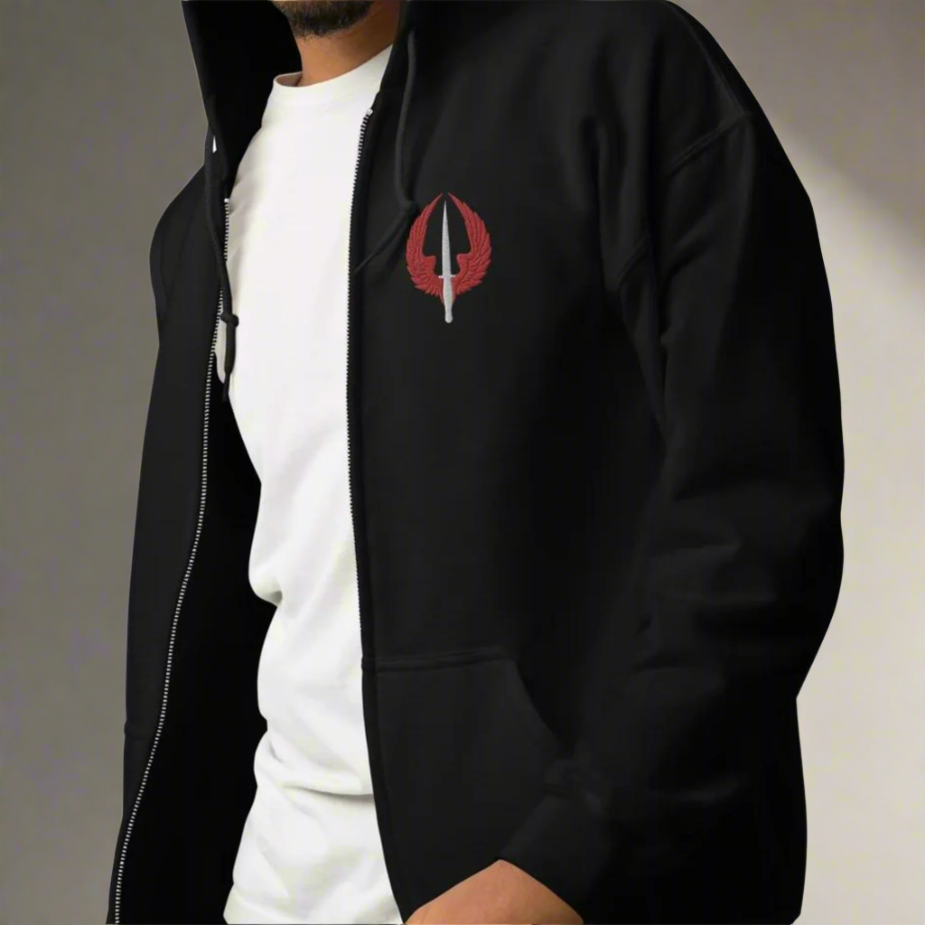 Embroidered 160th SOAR USASOAC insignia on a full zip hoodie