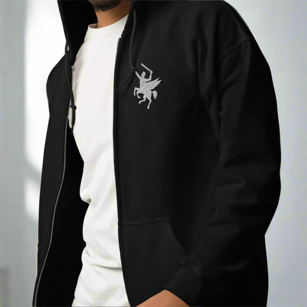 Embroidered 160th SOAR insignia of the sword wielding centaur on a full zip hoodie.