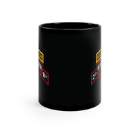 2nd ranger battalion scroll and ranger tab on a black 11oz coffee mug.