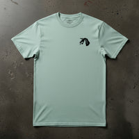 light blue t-shirt with 18th airborne corps insignia on the left chest