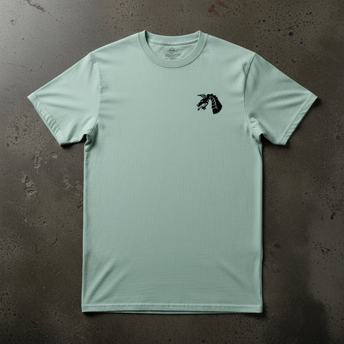 light blue t-shirt with 18th airborne corps insignia on the left chest