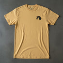 gold t-shirt with 18th airborne corps insignia on the left chest