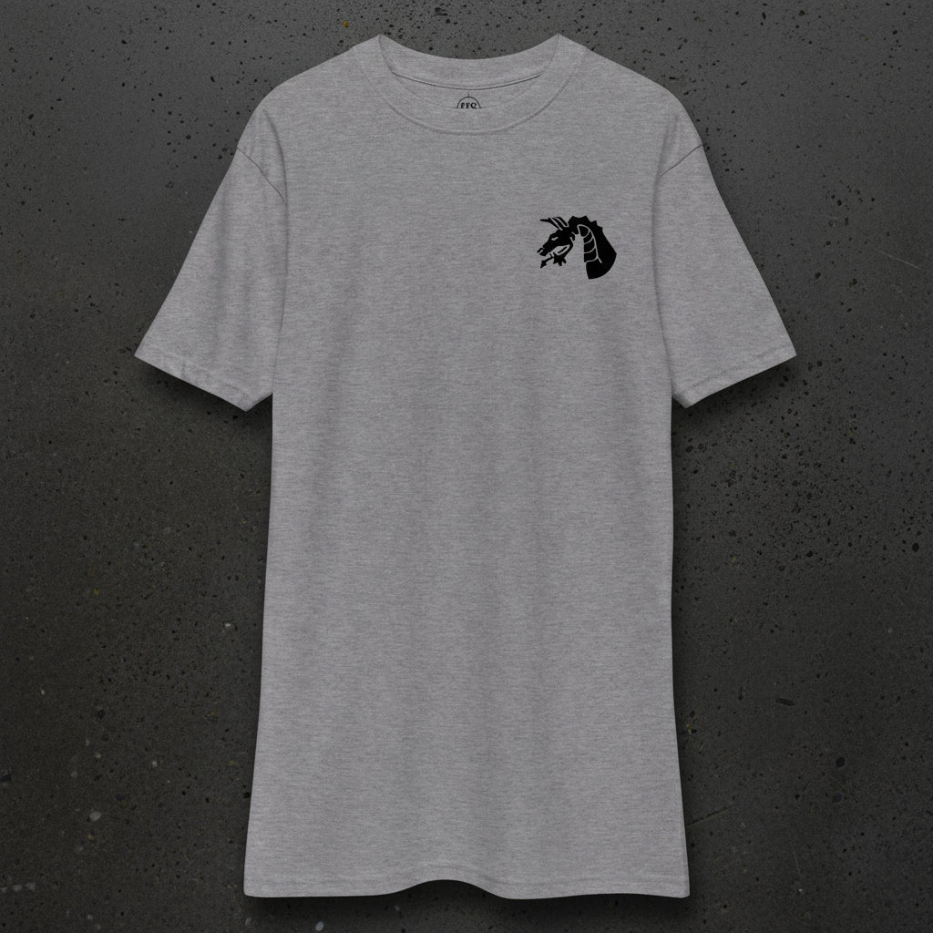 grey t-shirt with 18th airborne corps insignia on the left chest