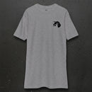 grey t-shirt with 18th airborne corps insignia on the left chest