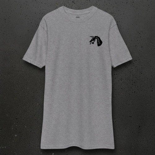 grey t-shirt with 18th airborne corps insignia on the left chest