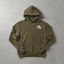 military green pullover hoodie with 18th airborne insignia on the left chest
