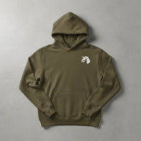 military green pullover hoodie with 18th airborne insignia on the left chest