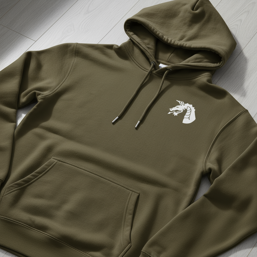 military green pullover hoodie with 18th airborne insignia on the left chest