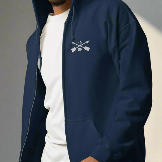 19th special forces hoodie with an embroidered design on the left chest of the crossed arrows.