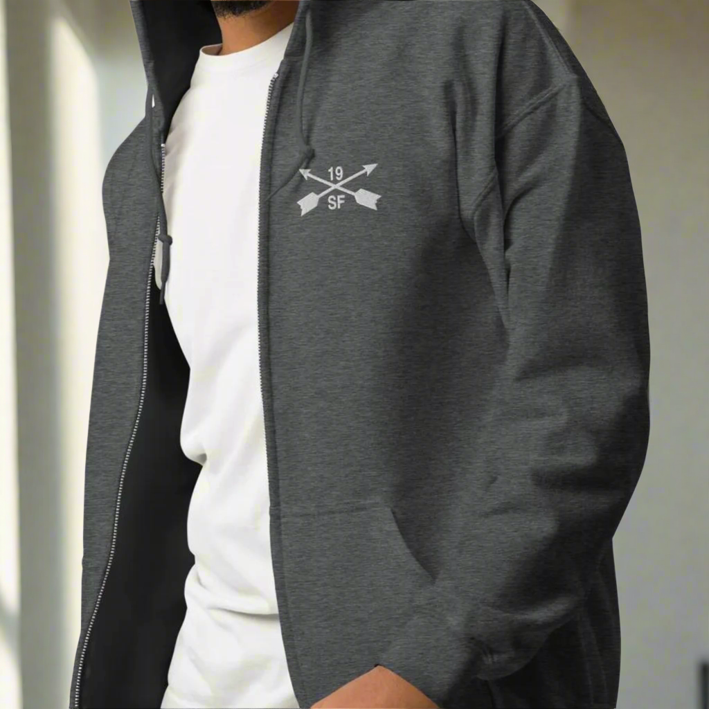 19th special forces hoodie with an embroidered design on the left chest of the crossed arrows.