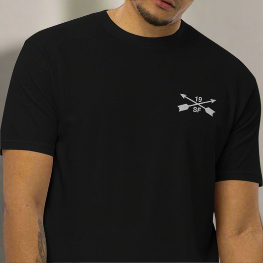 19th special forces group men's heavy weight t-shirt with embroidered design on the left chest.