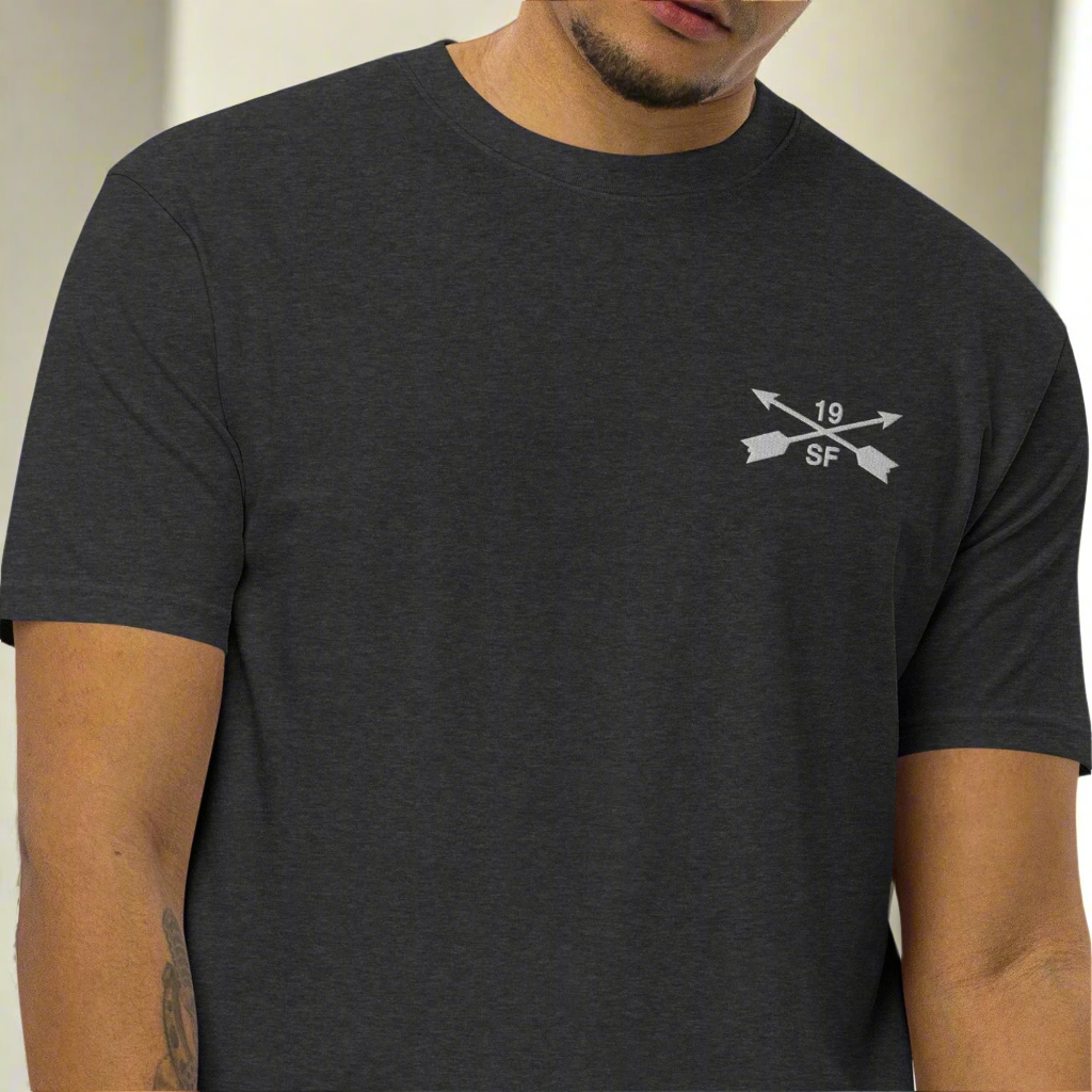 19th special forces group men's heavy weight t-shirt with embroidered design on the left chest.