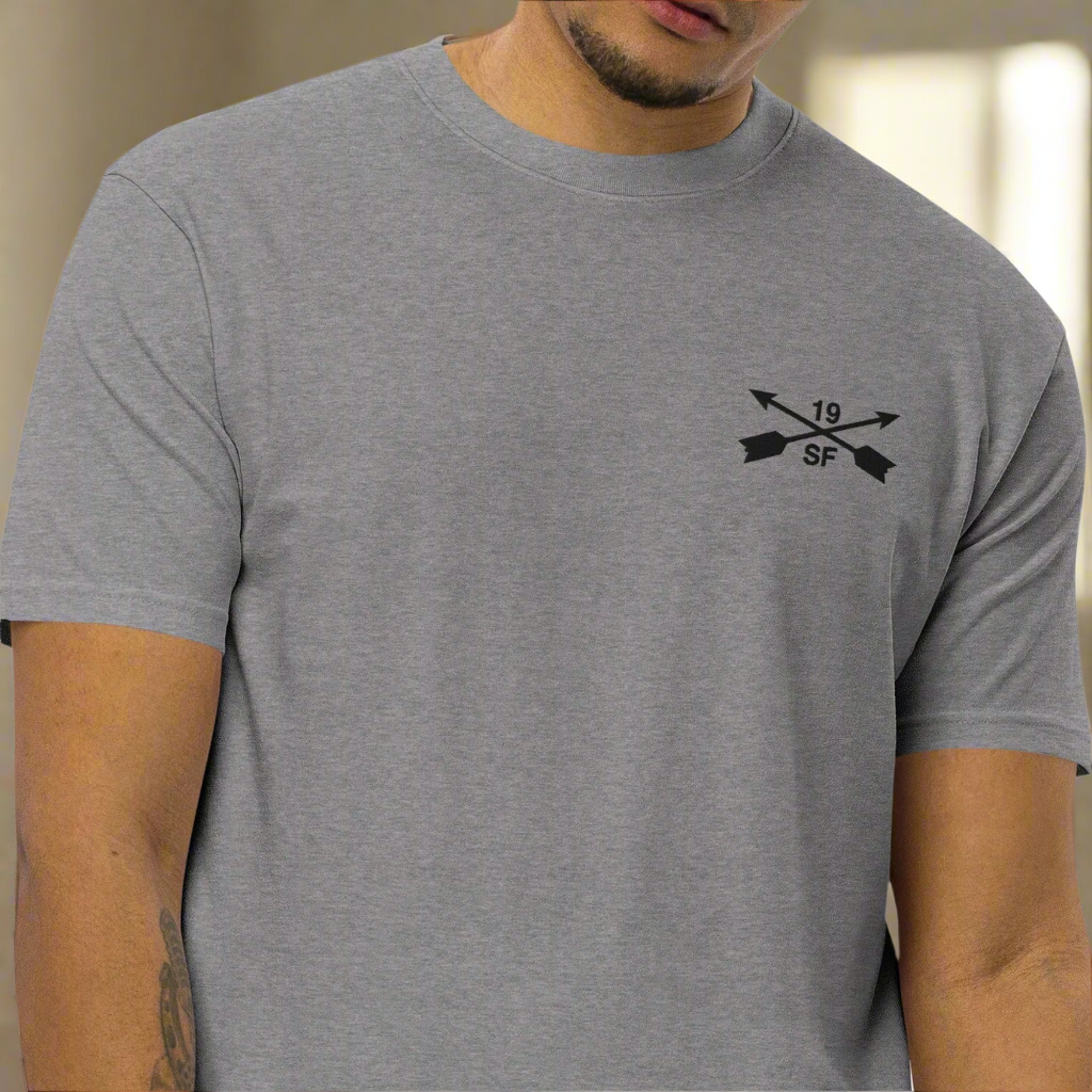 19th special forces group men's heavy weight t-shirt with embroidered design on the left chest.