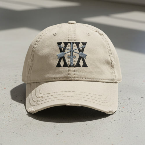 Distressed dad hat with 19th special forces group insignia and roman numeral design