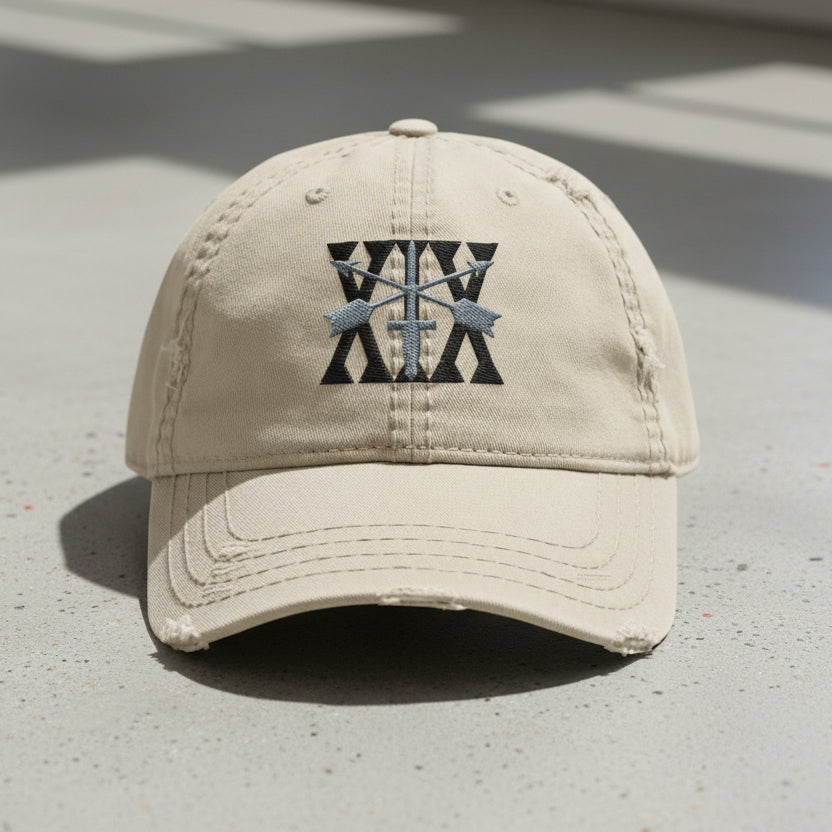 Distressed dad hat with 19th special forces group insignia and roman numeral design