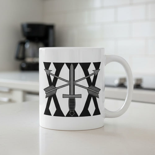 11oz white mug with 19th special forces insignia and roman numeral design