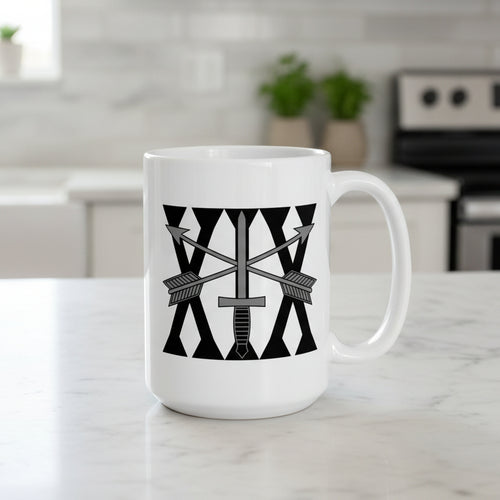 15oz white mug with 19th special forces insignia and roman numeral design