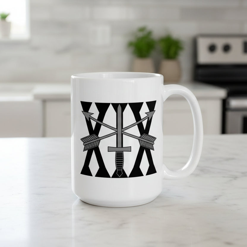 15oz white mug with 19th special forces insignia and roman numeral design