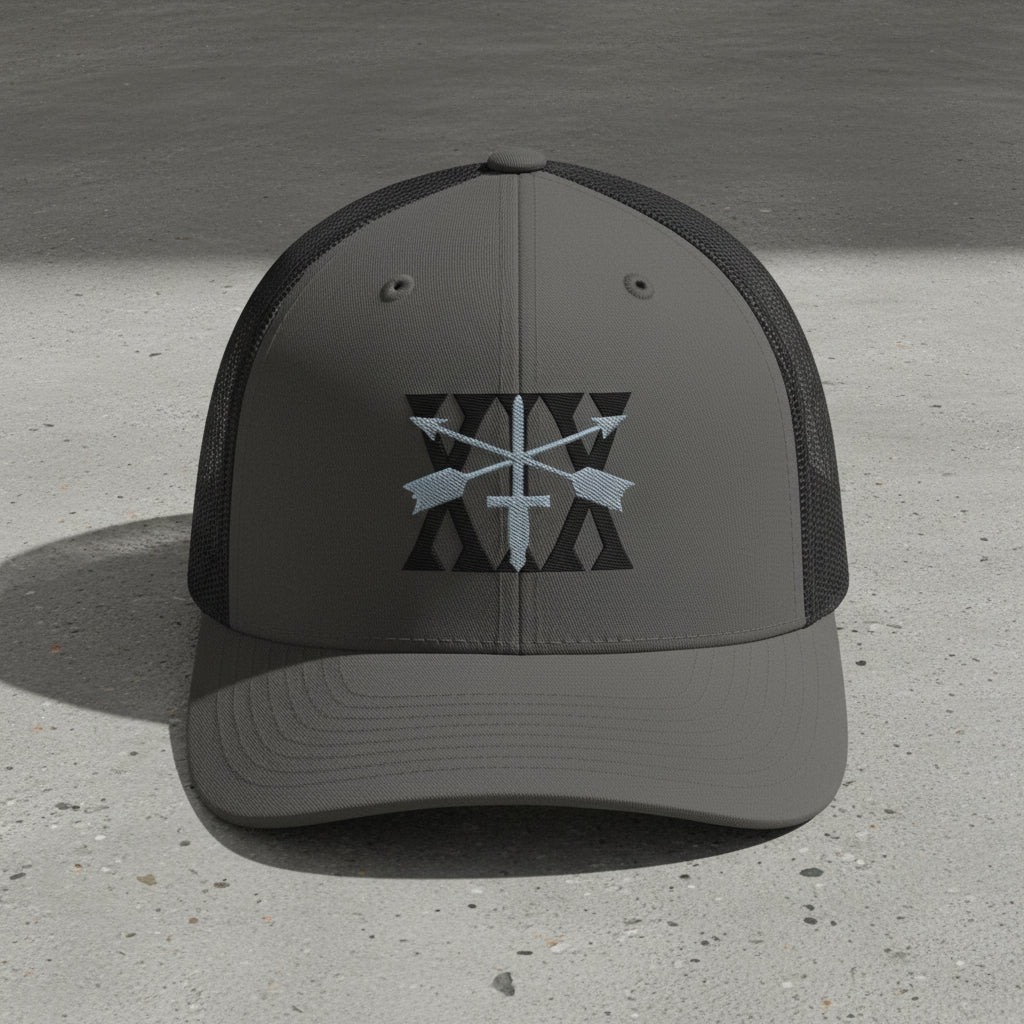 snapback trucker hat with 19th special forces insignia and roman numeral design