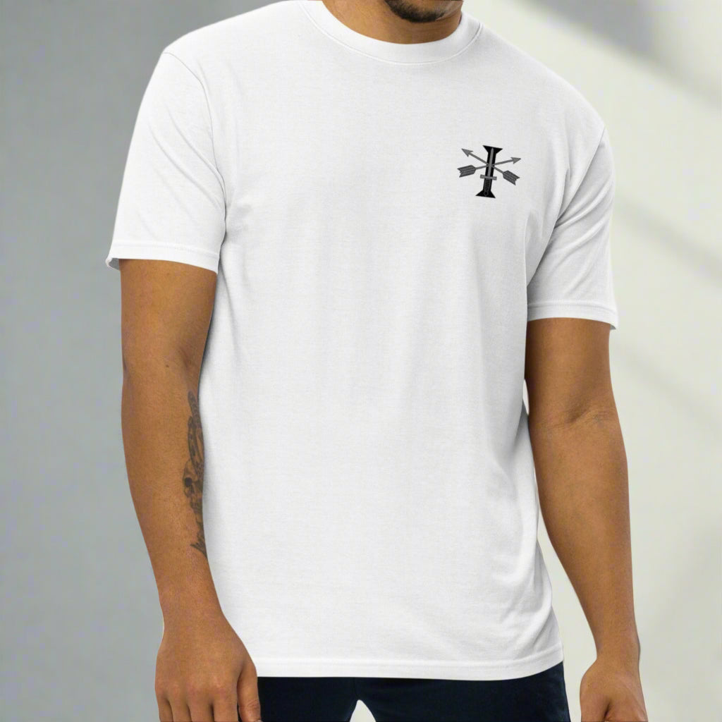 white t-shirt with 1st special forces design on left chest