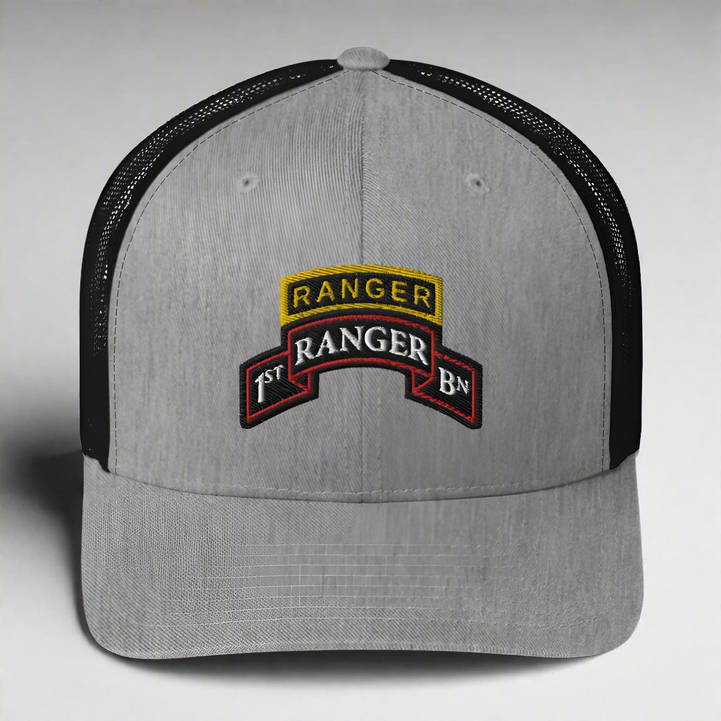 1st ranger battalion scroll and ranger tab on a snapback trucker hat