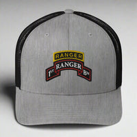 1st ranger battalion scroll and ranger tab on a snapback trucker hat