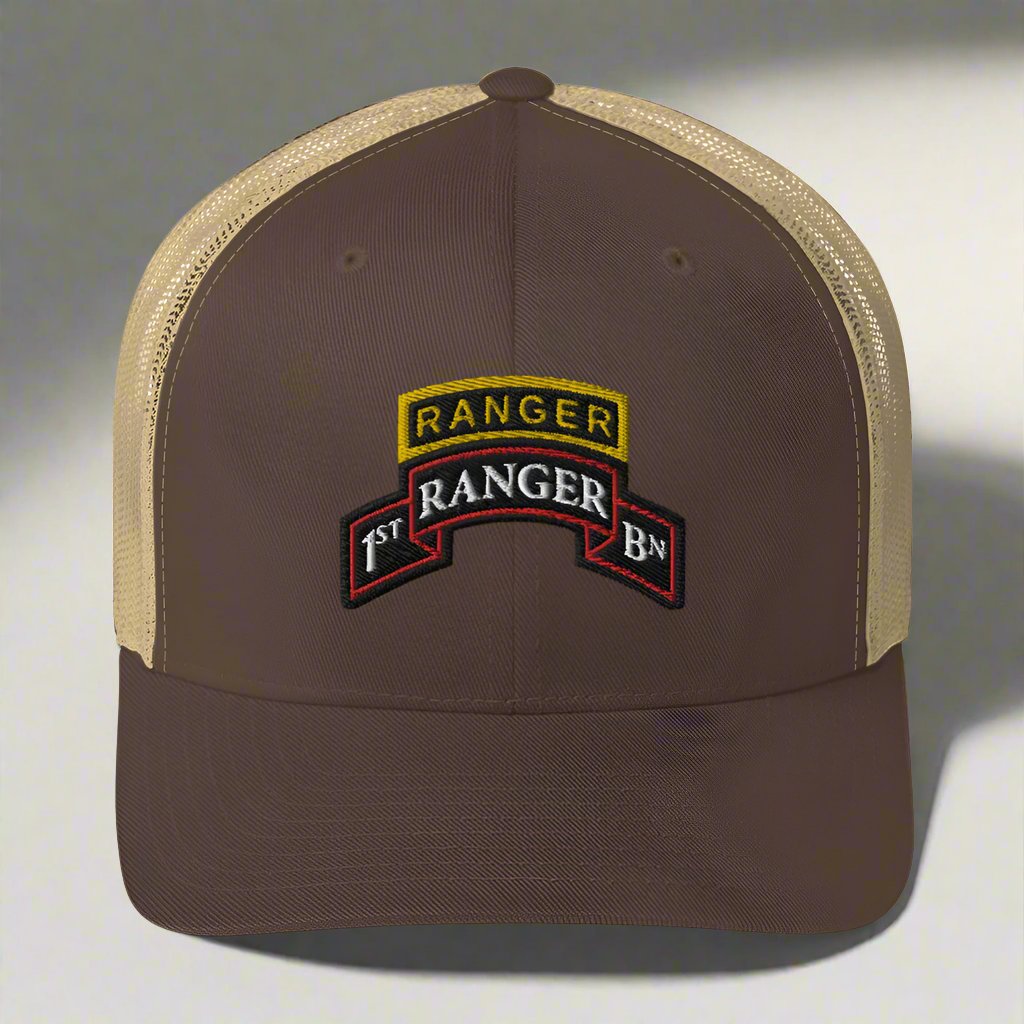 1st ranger battalion scroll and ranger tab on a snapback trucker hat