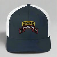 1st ranger battalion scroll and ranger tab on a snapback trucker hat