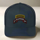 1st ranger battalion scroll and ranger tab on a snapback trucker hat
