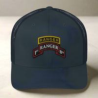 1st ranger battalion scroll and ranger tab on a snapback trucker hat
