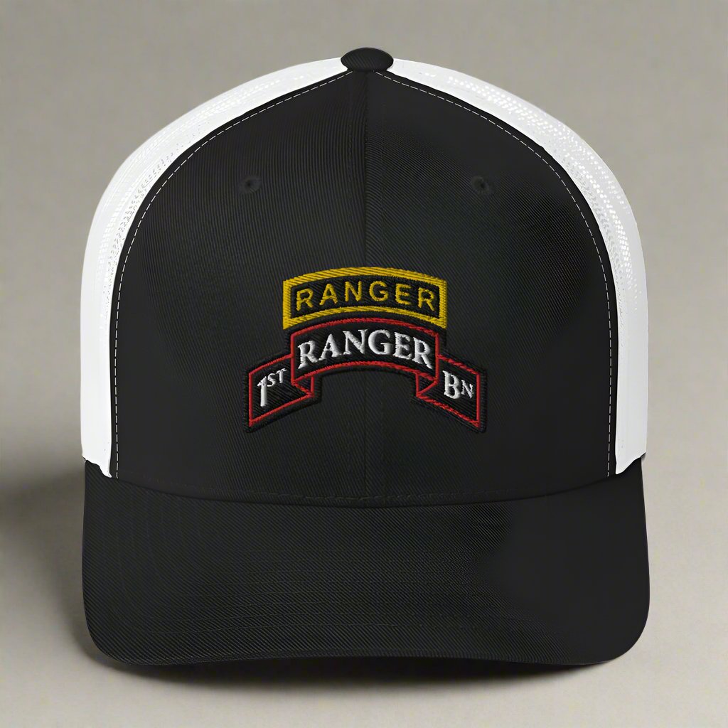 1st ranger battalion scroll and ranger tab on a snapback trucker hat