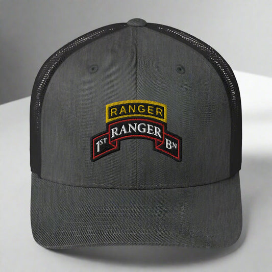 1st ranger battalion scroll and ranger tab on a snapback trucker hat