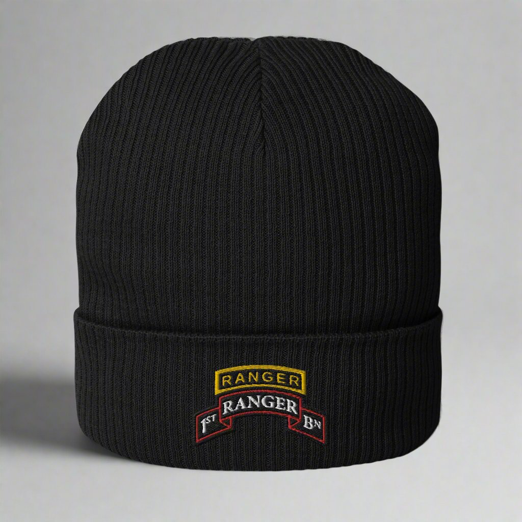 1st ranger battalion scroll and ranger tab embroidered on our ribbed beanie.