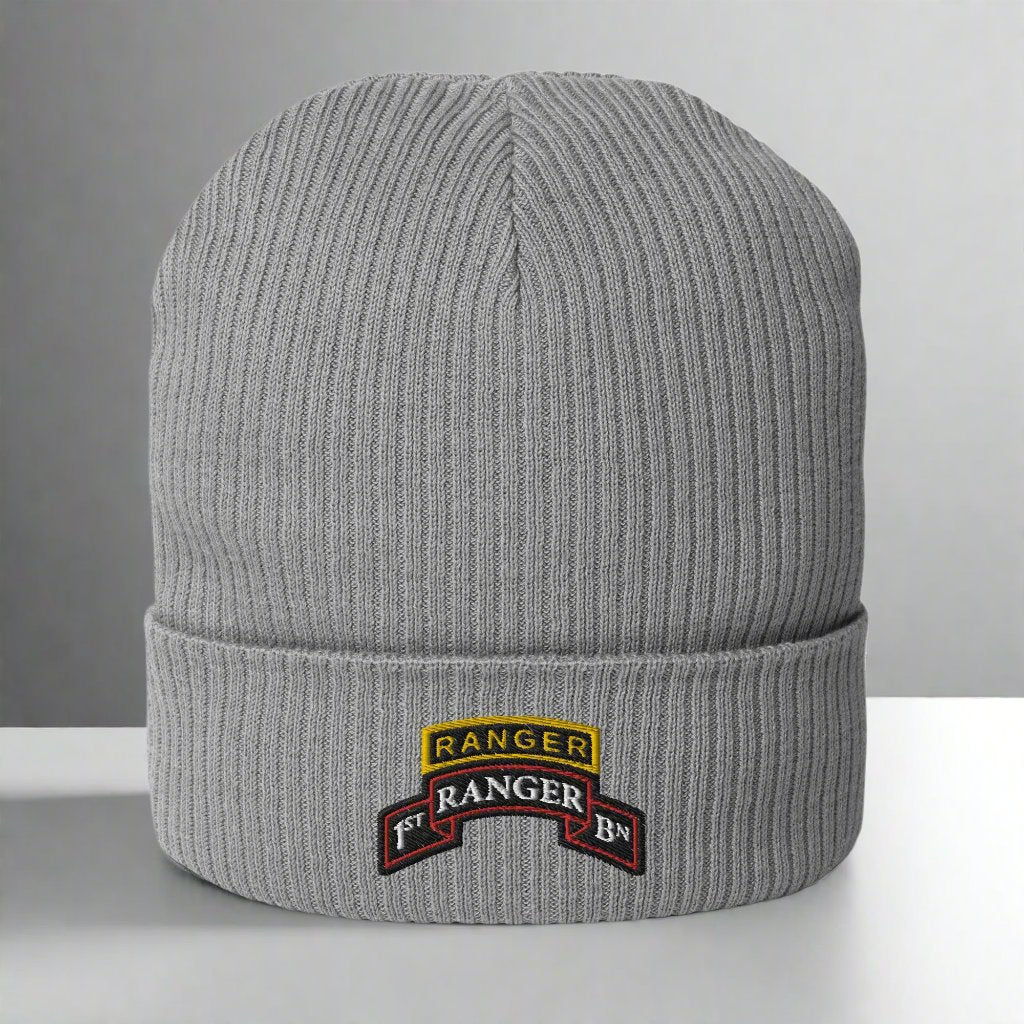 1st ranger battalion scroll and ranger tab embroidered on our ribbed beanie.