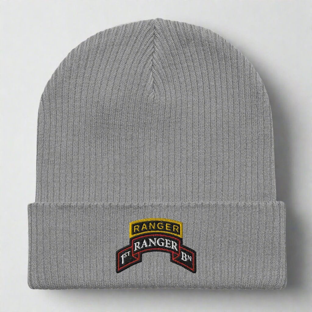 1st ranger battalion scroll and ranger tab embroidered on our ribbed beanie.