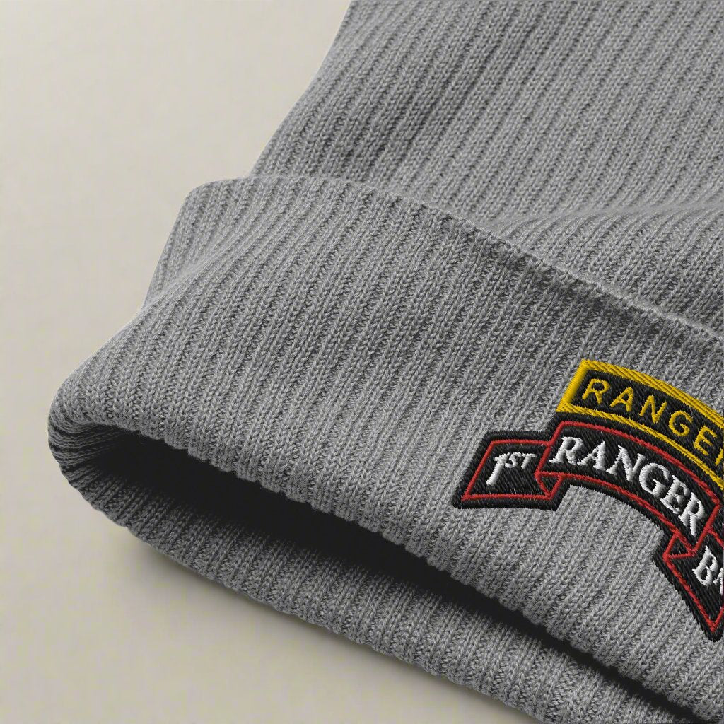 1st ranger battalion scroll and ranger tab embroidered on our ribbed beanie.