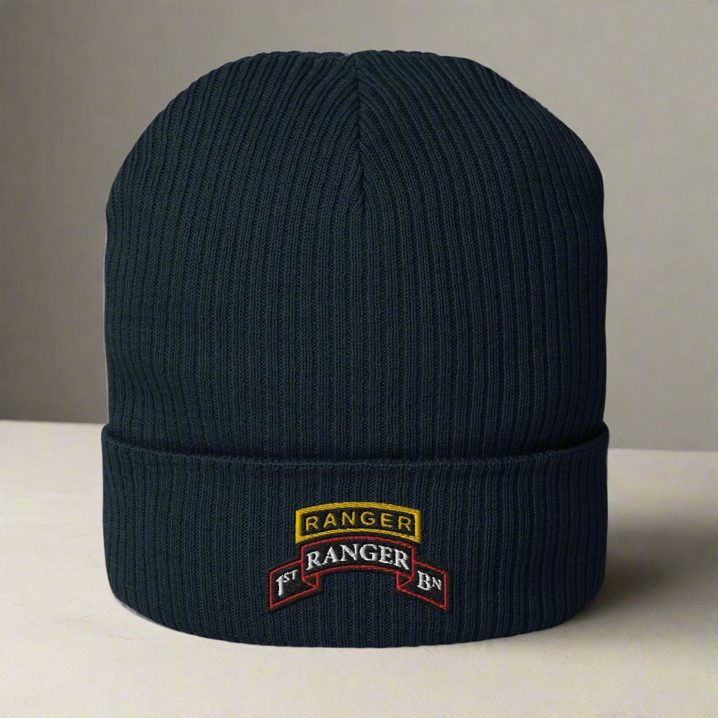 1st ranger battalion scroll and ranger tab embroidered on our ribbed beanie.