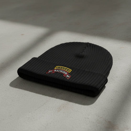 Ribbed knit beanie with 1st ranger battalion scroll and ranger school tab