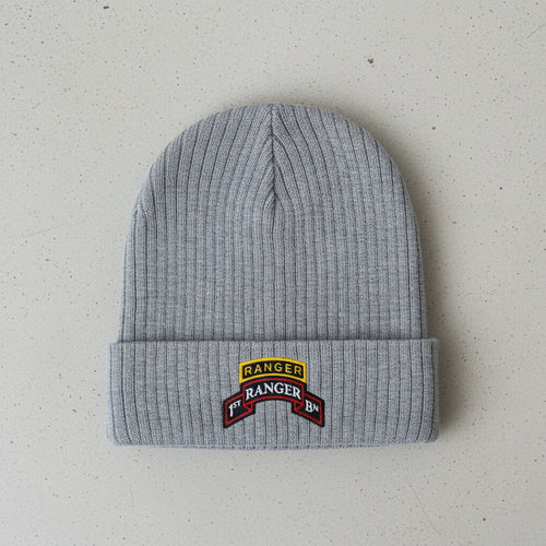 Ribbed knit beanie with 1st ranger battalion scroll and ranger school tab