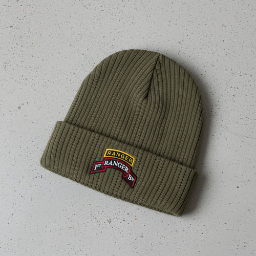 Ribbed knit beanie with 1st ranger battalion scroll and ranger school tab