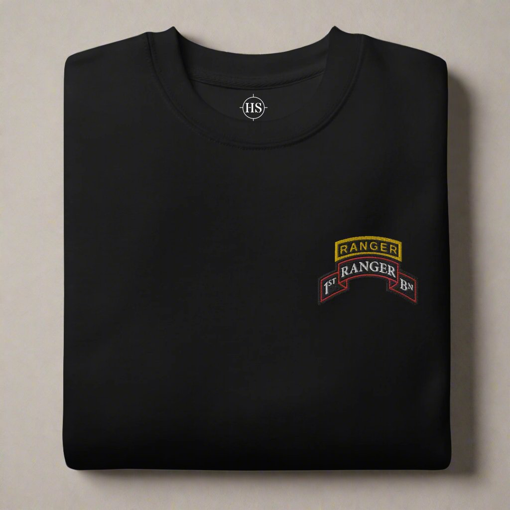 1st ranger battalion embroidered scroll and ranger tab on a sweatshirt.