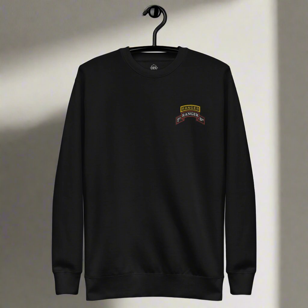 1st ranger battalion embroidered scroll and ranger tab on a sweatshirt.