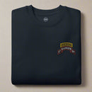1st ranger battalion embroidered scroll and ranger tab on a sweatshirt.