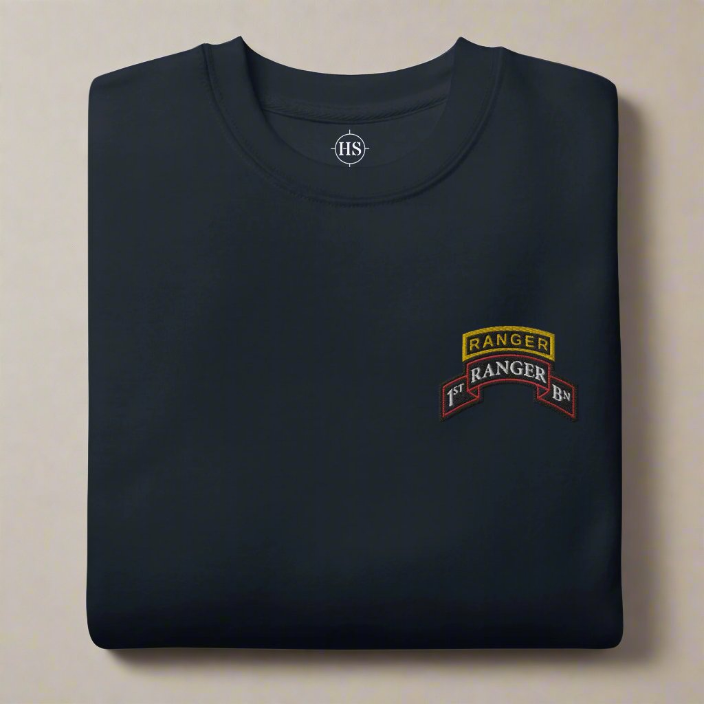 1st ranger battalion embroidered scroll and ranger tab on a sweatshirt.