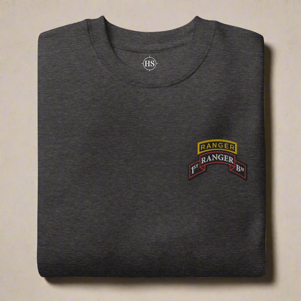 1st ranger battalion embroidered scroll and ranger tab on a sweatshirt.