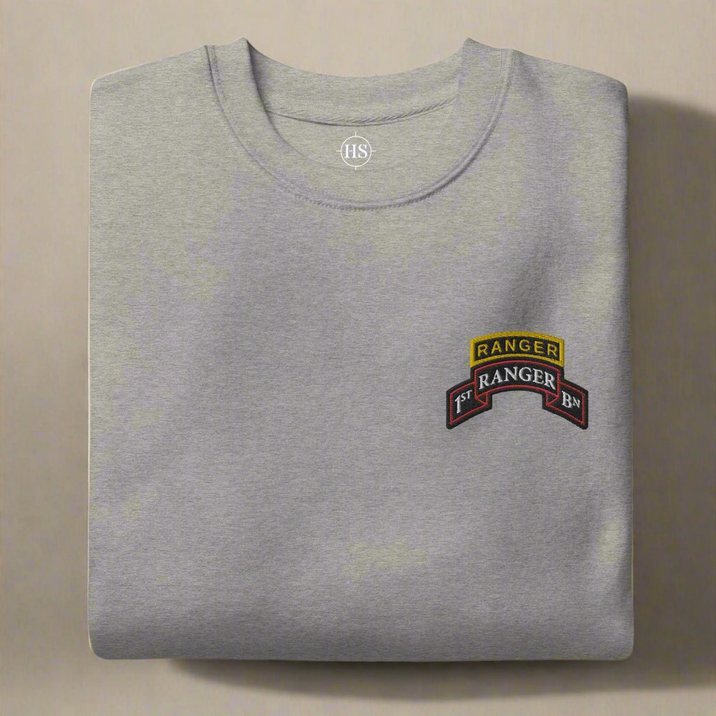 1st ranger battalion embroidered scroll and ranger tab on a sweatshirt.